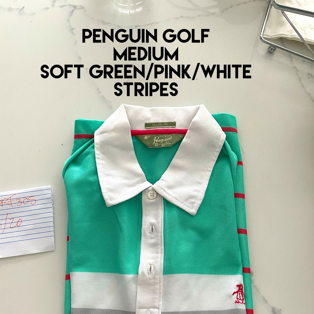 Penguin golf polo MEDIUM. Green/white/pink.